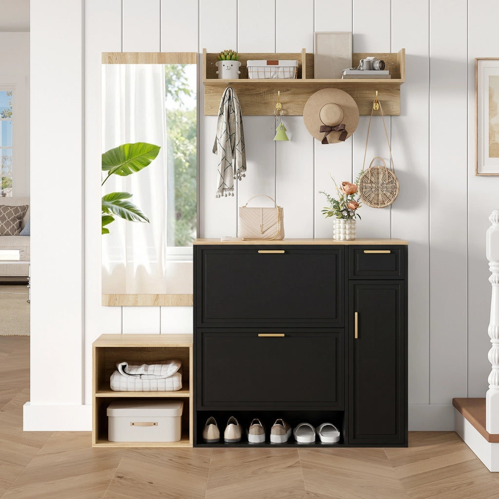 Set di mobili da ingresso con scarpiera; panca; pannello appendiabiti e specchio; finitura nero e naturale
