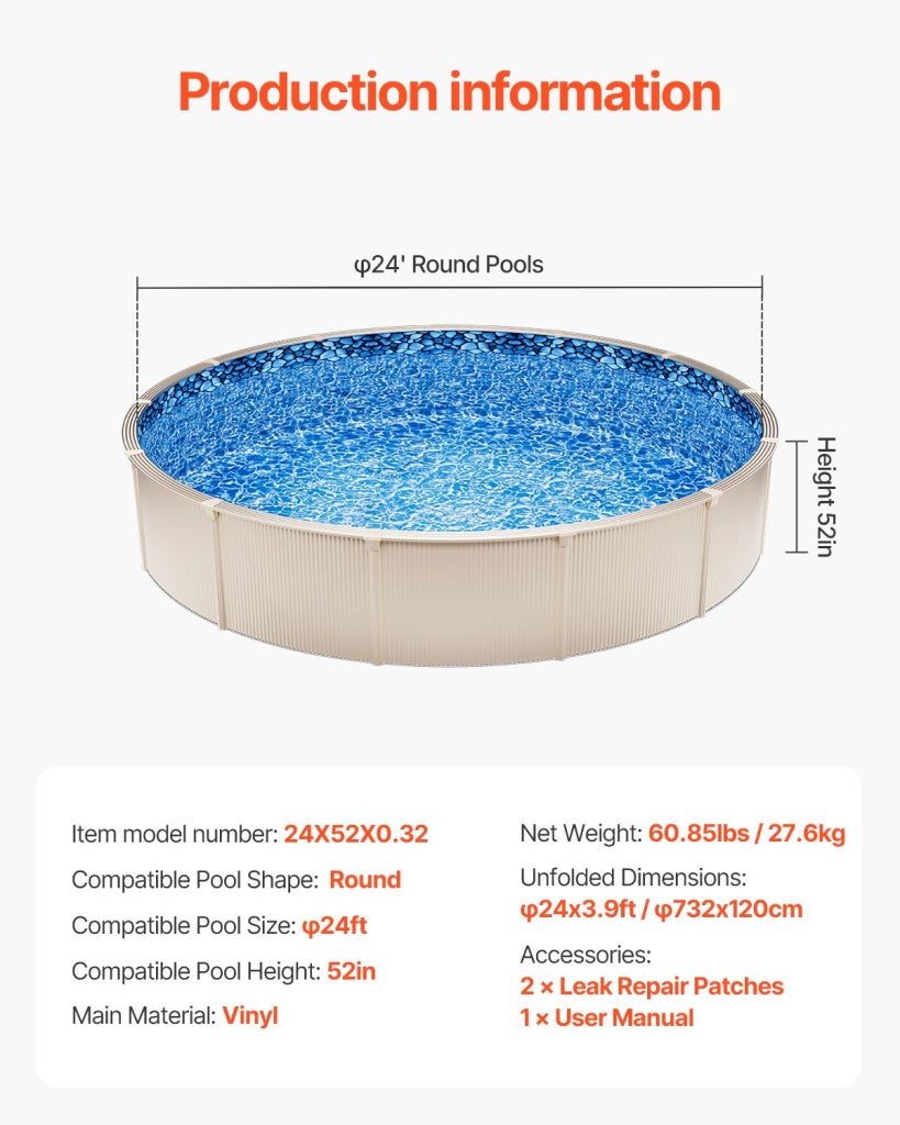 Rivestimento Piscina Fuori Terra Rotonda 24 Piedi in Vinile Altezza 52 Pollici Stile Duobead Liner Robusto per Giardino