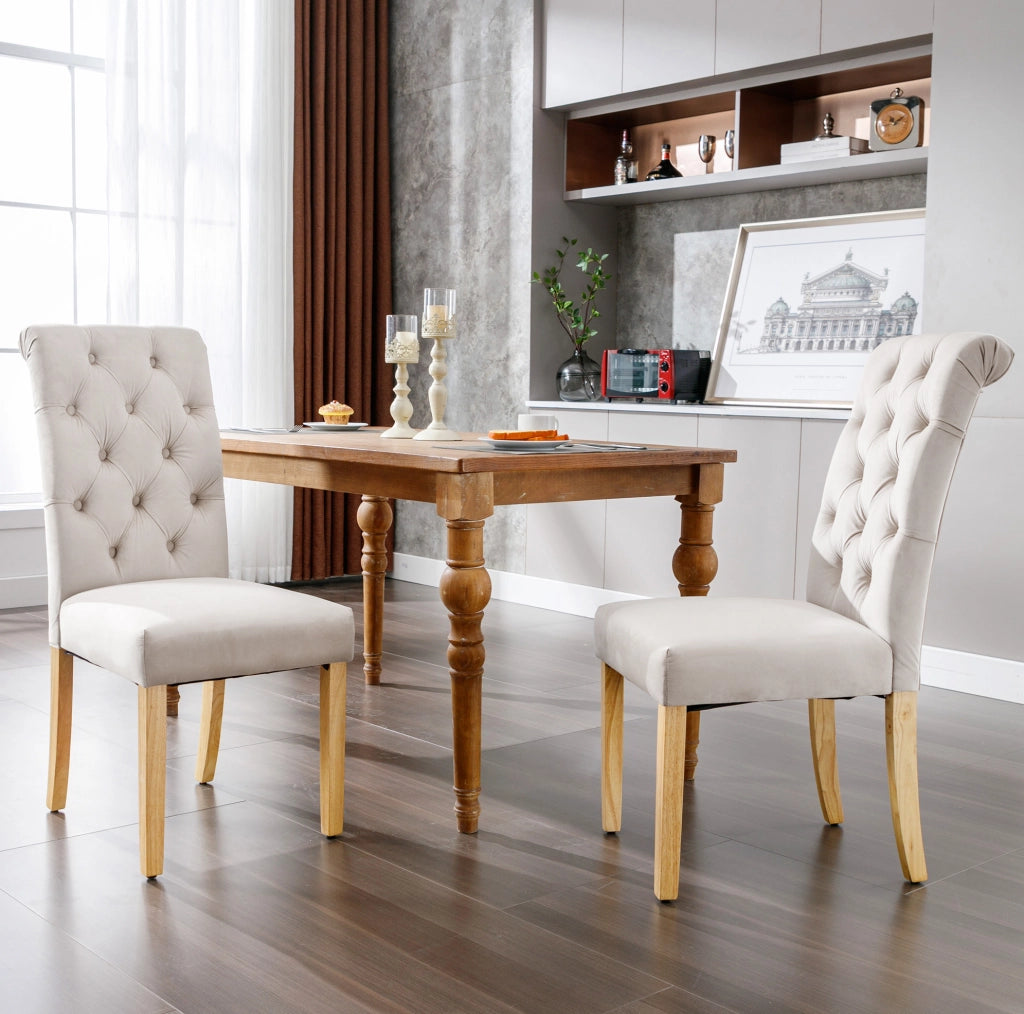 Set di 6 sedie da pranzo in velluto beige con gambe in legno massello di quercia