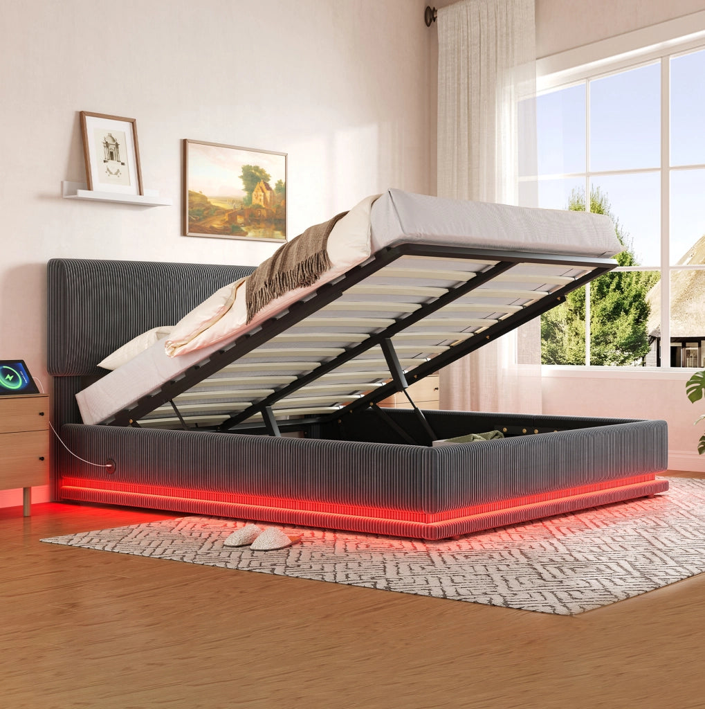 Letto imbottito moderno 160x200 cm con illuminazione LED, testiera regolabile e tessuto in velluto a coste grigio