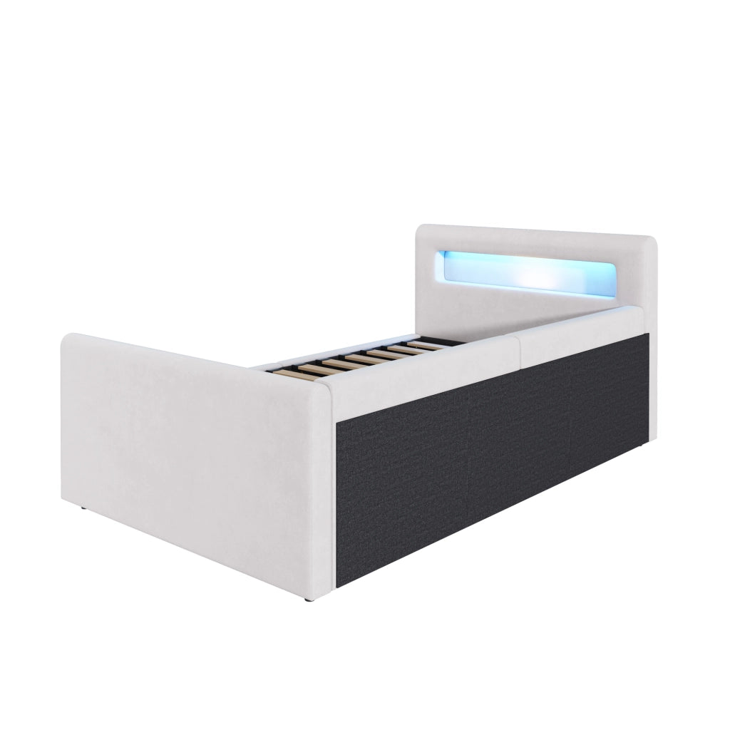 Letto singolo con contenitore 90 × 200 cm imbottito in velluto beige con LED; luce notturna; USB e rete a doghe