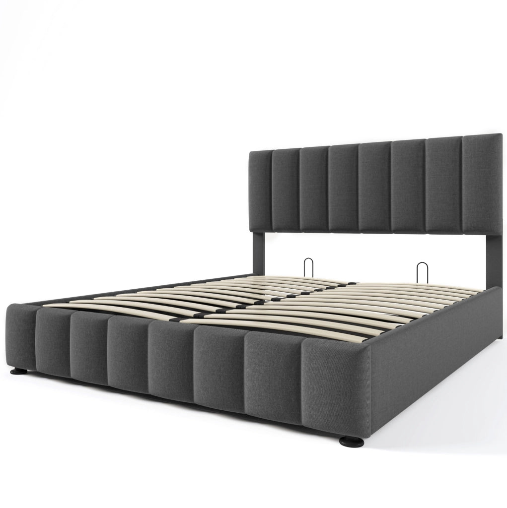 Letto imbottito 140x200 cm con contenitore; testiera regolabile e materasso; rivestimento in lino grigio
