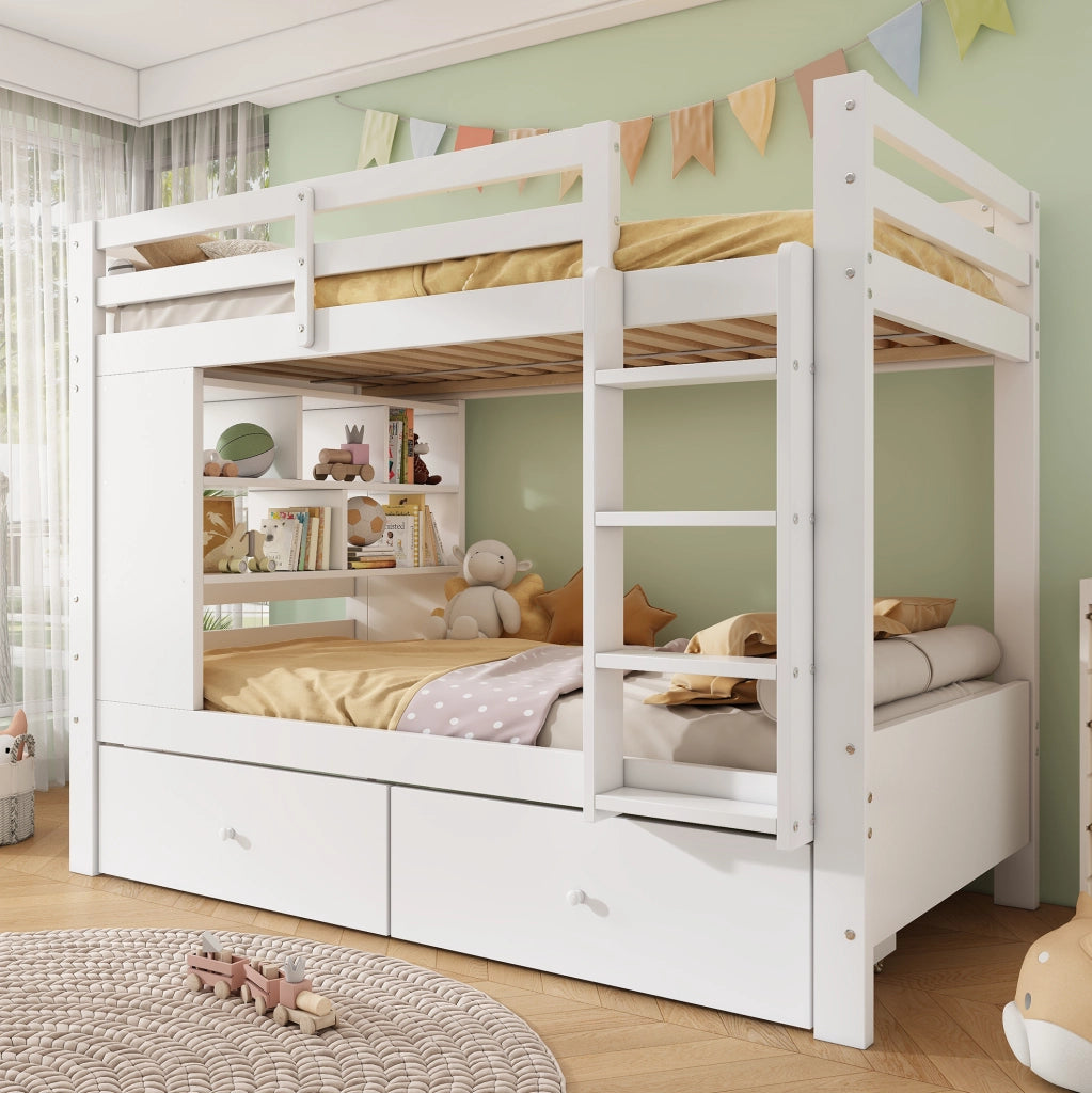 Letto a castello 90x200 cm bianco con 2 cassetti e scaffale