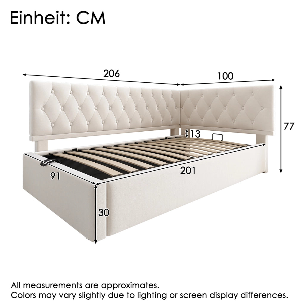Divano letto 90x200 cm con contenitore idraulico; velluto beige; senza materasso