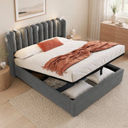 Letto matrimoniale imbottito grigio 160x200 cm con illuminazione da lettura e funzione ricarica USB, struttura in velluto con spazio contenitore