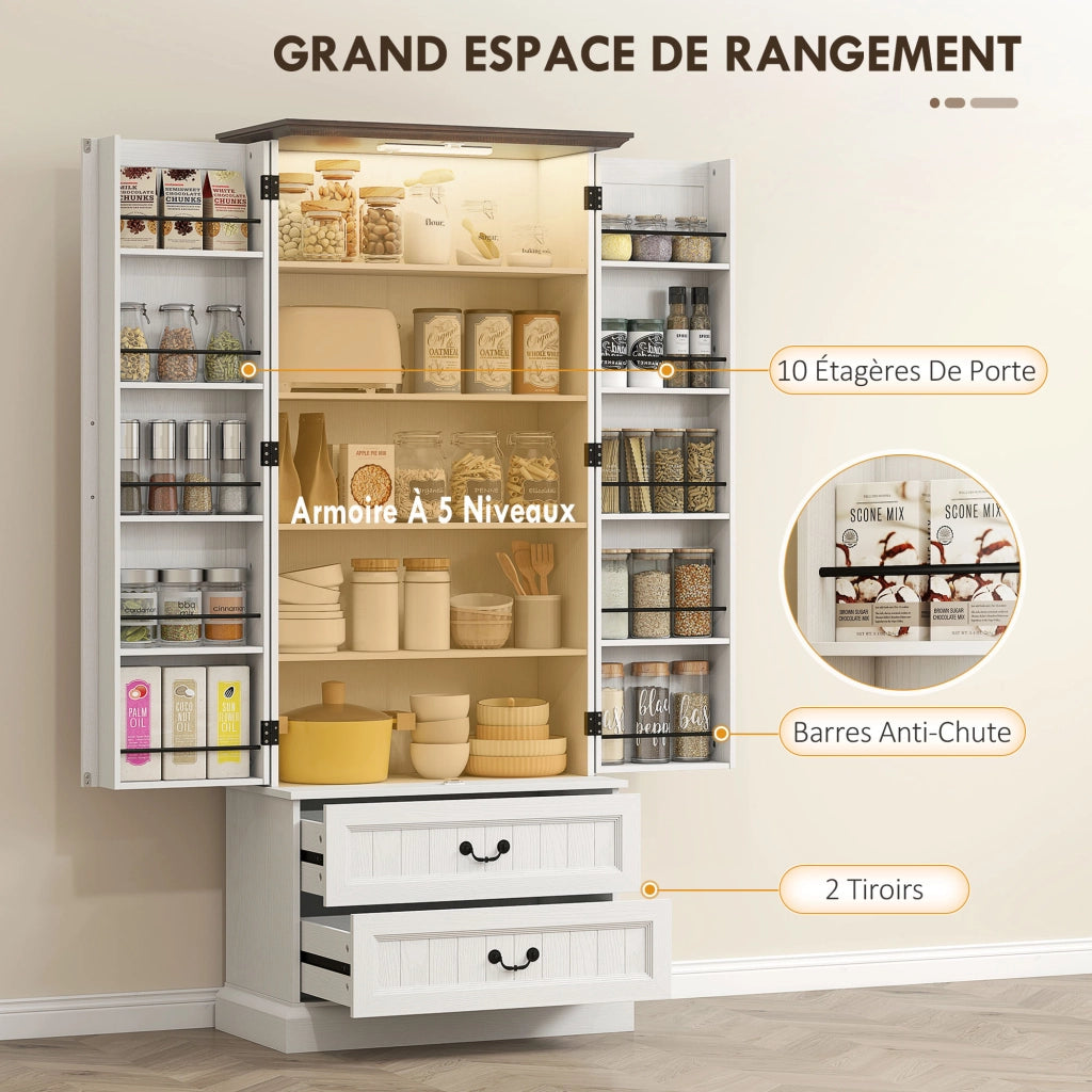 Mobile dispensa da cucina con luce LED a sensore, armadio alto 2 ante e cassetti, ripiani regolabili, 76x39,5x183cm, bianco