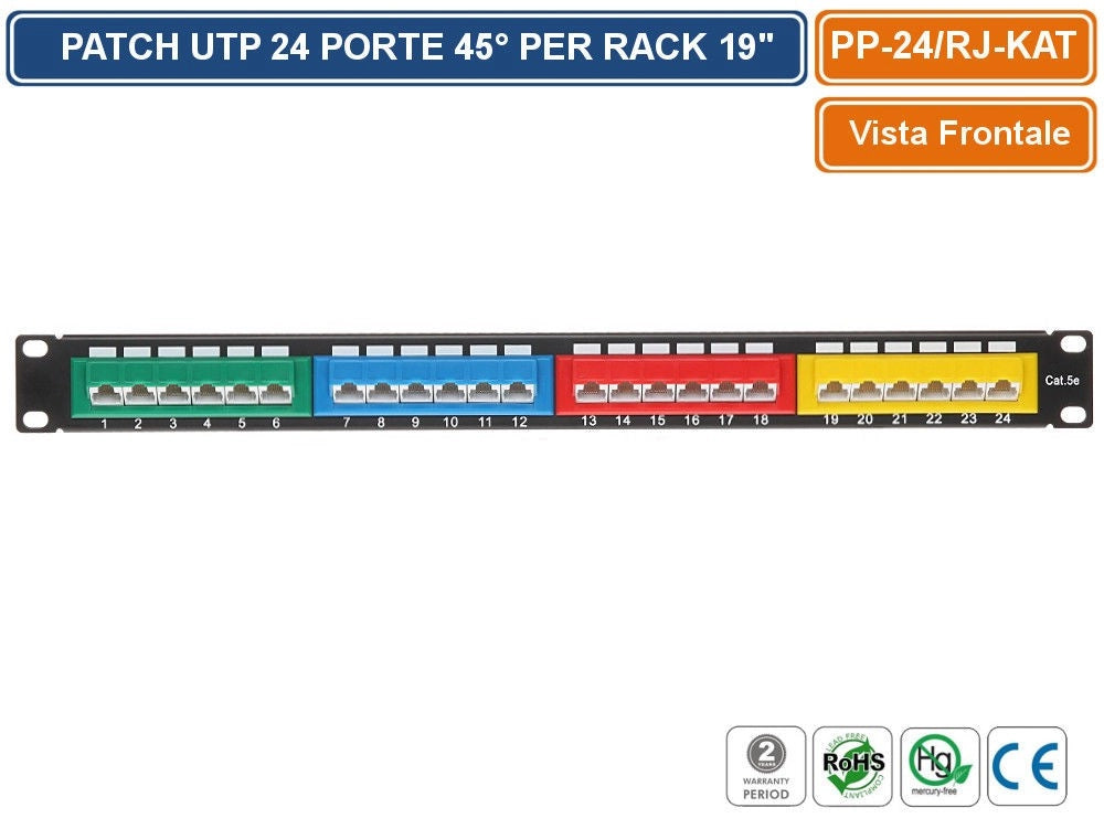 PANNELLO PATCH UTP 24 PORTE 45° PER ARMADIO RACK 19" 1U
