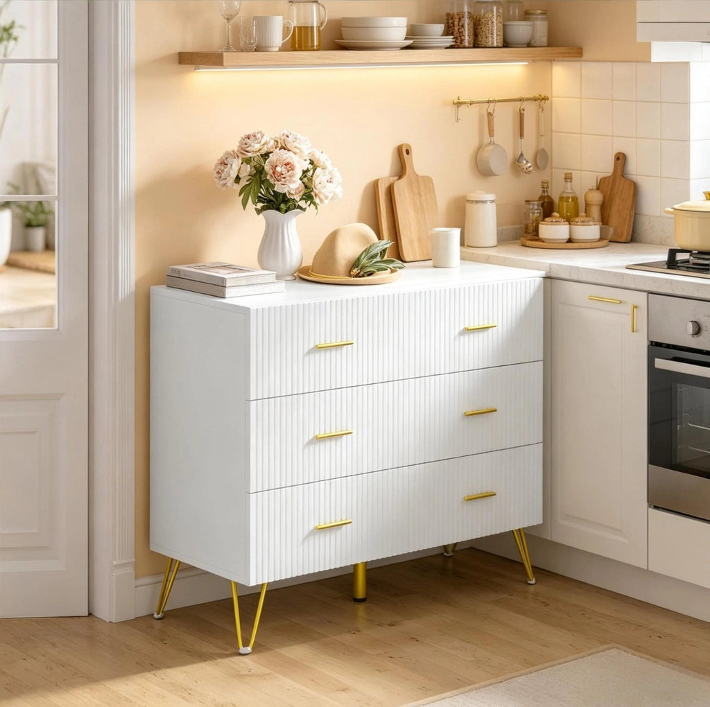 Cassettiera bianca e oro con 6 cassetti 100x40x75 cm