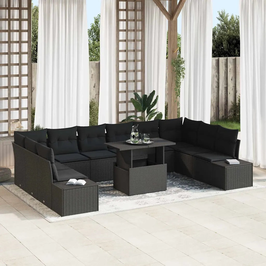 Set Divano da Giardino 11 pcs Nero Poly Rattan