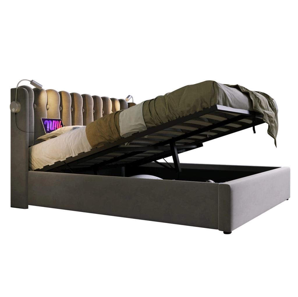 Letto matrimoniale contenitore 140x200 cm in velluto grigio con luce da lettura e USB