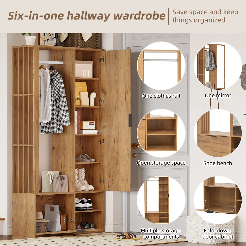 Mobile da ingresso con specchio, 2 armadietti, appendiabiti aperto e 9 vani, in truciolare naturale, 100 × 33 × 190 cm