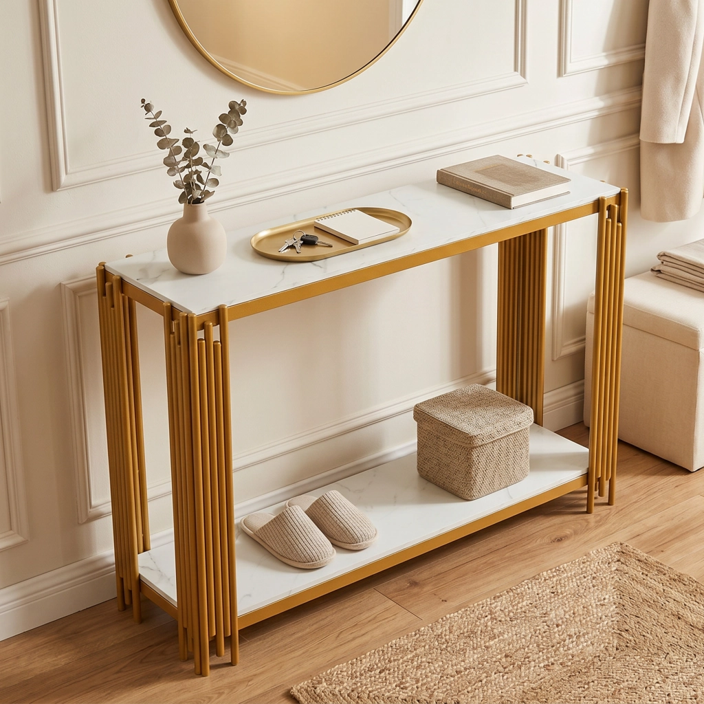 Consolle a due ripiani in MDF effetto marmo bianco con struttura in metallo dorato 123.5 × 33.5 × 80 cm