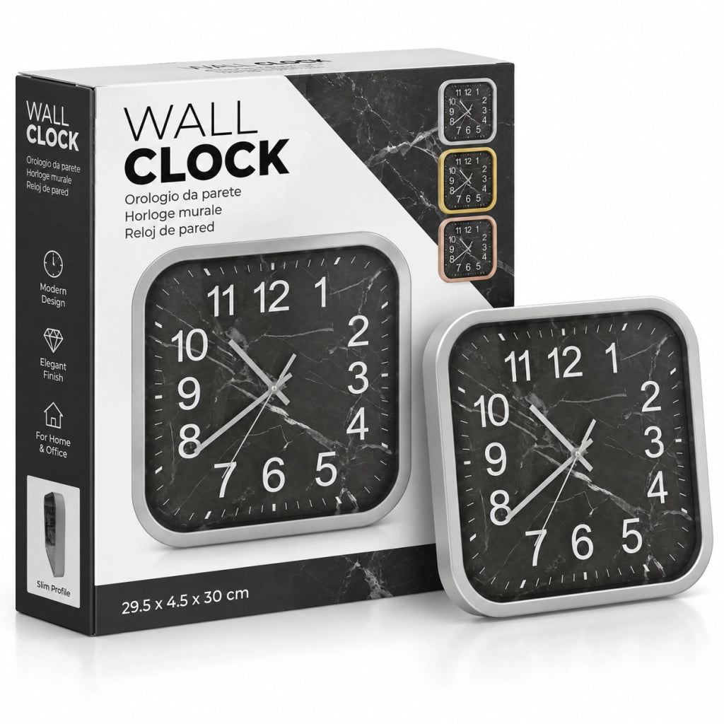 OROLOGIO PARETE QUADRATO 28CM EFFETTO MARMO MODERNO VARI COLORI CASA STUDIO