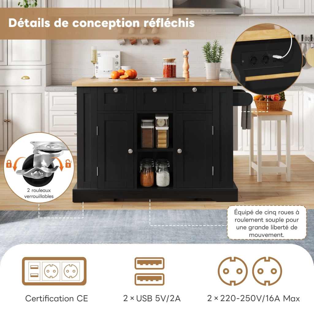Tavolo da cucina mobile 132 cm, stile country, piano pieghevole, mobile multifunzione con cassetto, portaspezie, porta asciugamani, 4 ruote, presa integrata