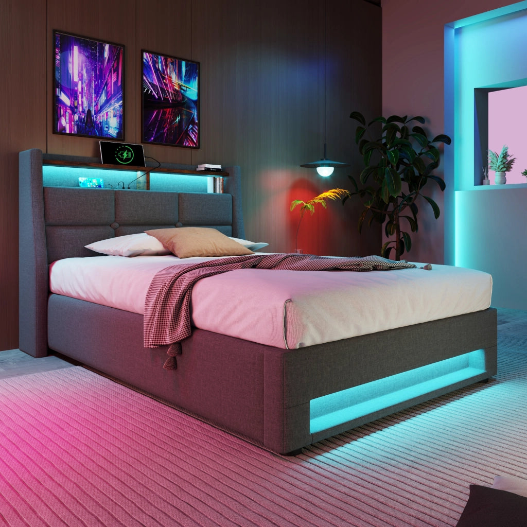 Letto contenitore singolo 90×200 cm con USB; LED e rete sollevabile; materasso incluso; lino; grigio