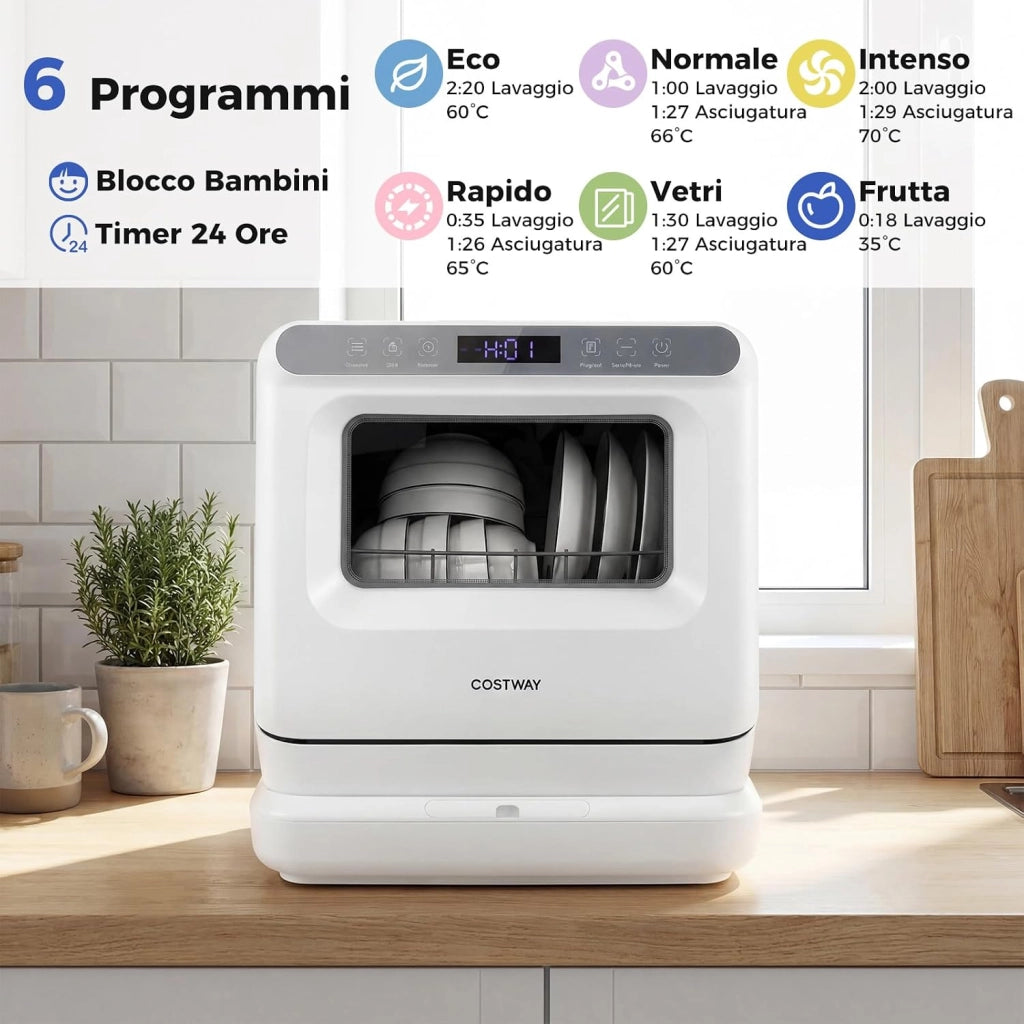 Lavastoviglie da Banco Portatile con Serbatoio 8,25 L e 6 Programmi
Lavastoviglie Compatta con Funzione Conservazione, Asciugatura ad Aria e Bracci Spruzzatori Doppia 360°