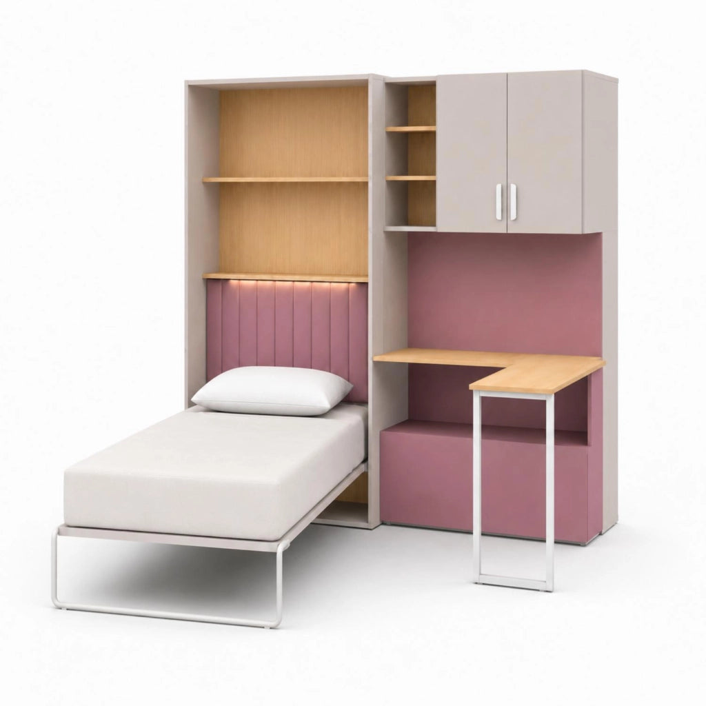 Cameretta Completa Con Letto A Scomparsa Scrivania Armadio Cassettiera Salvaspazio In Melaminico Per Camera Bambini Ragazzi Stanza Ospiti 133 X 208.5 X 45-216 Cm Cashmere E Rosa