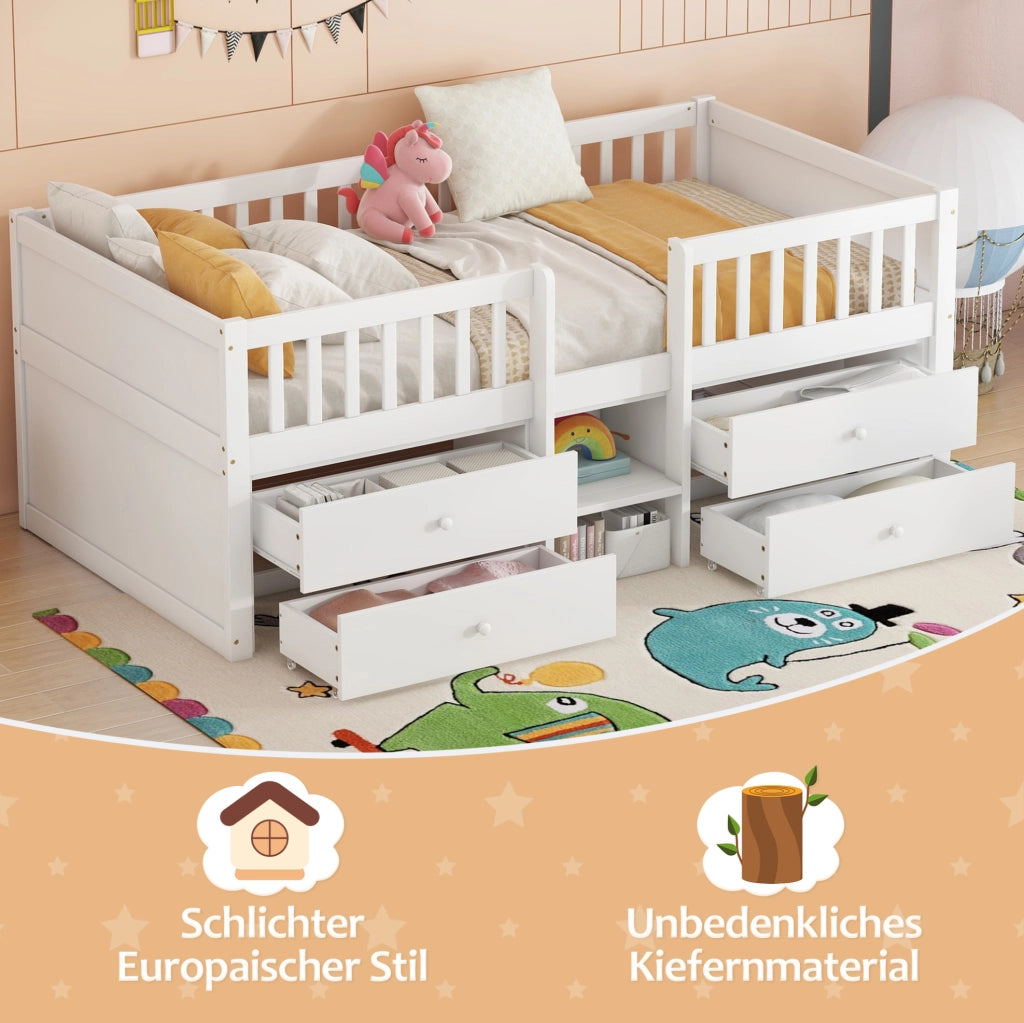 LETTO Semialto 90x200 cm con 4 cassetti scala e sponde in legno di pino bianco