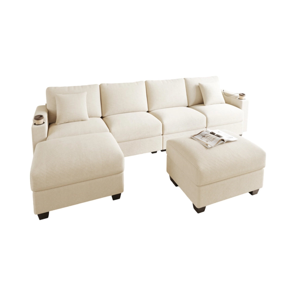 Divano modulare beige in velluto a coste con USB e portaoggetti