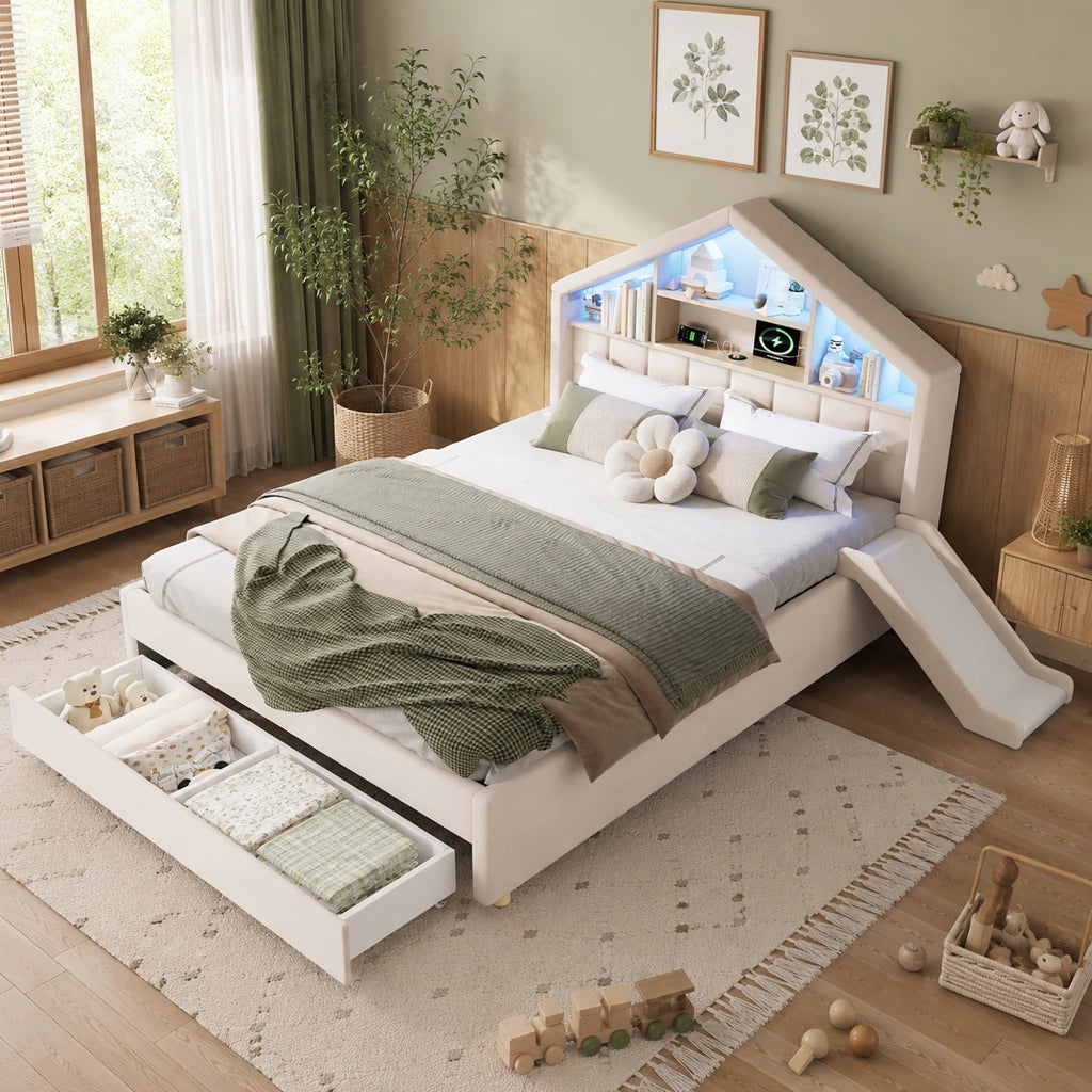 Letto per bambini 140x200 cm con scivolo; imbottito in velluto beige; testiera a casetta e cassetto per cameretta