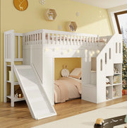 Letto per bambini con scivolo, scala contenitore e luce LED 90 x 200 cm
