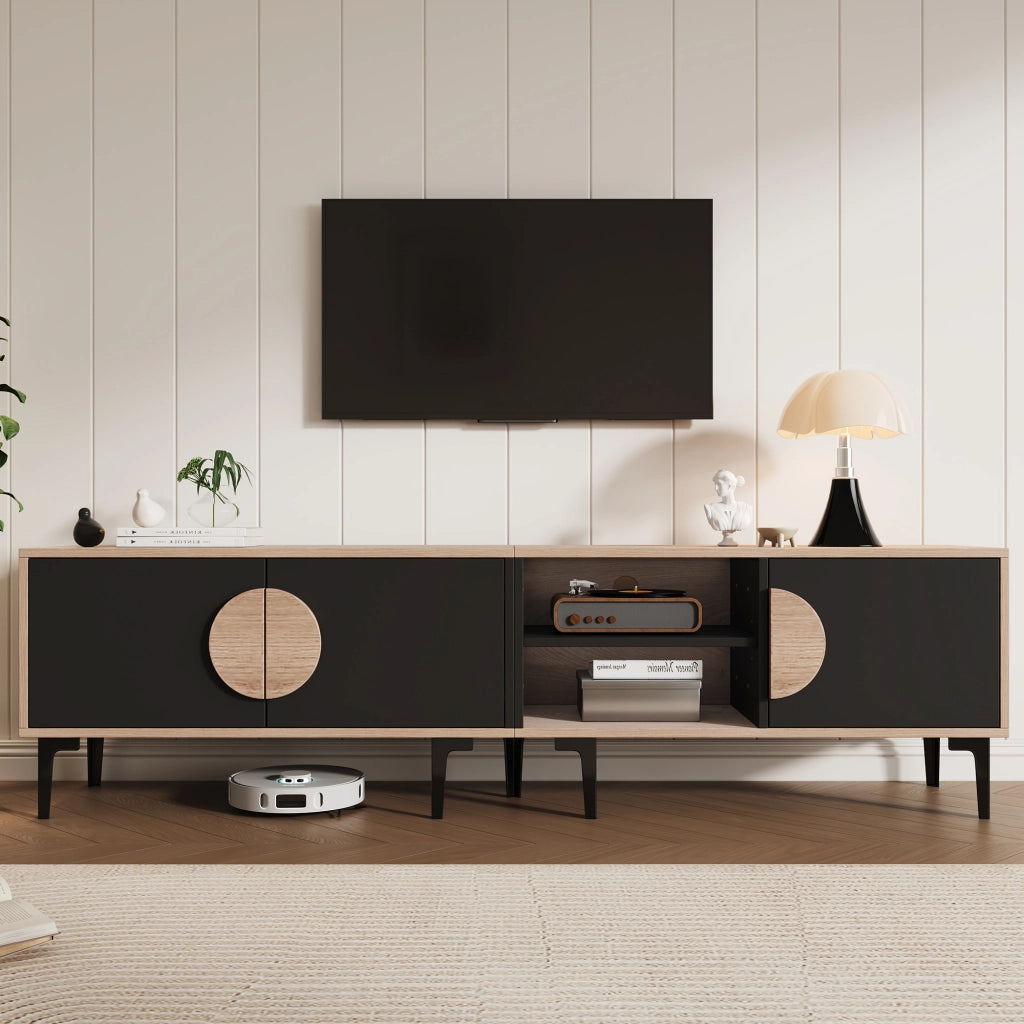 Mobile TV 180x35x49 cm con 3 ante e vani aperti; rovere e nero per TV fino a 80 pollici