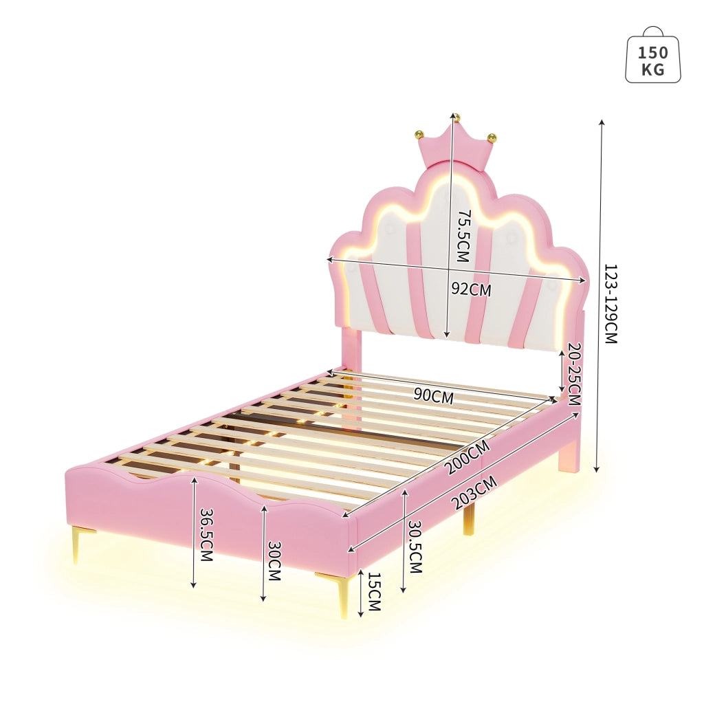 Letto 90 × 200 cm con testiera a corona; illuminazione LED regolabile e rete a doghe; rivestito in PU rosa