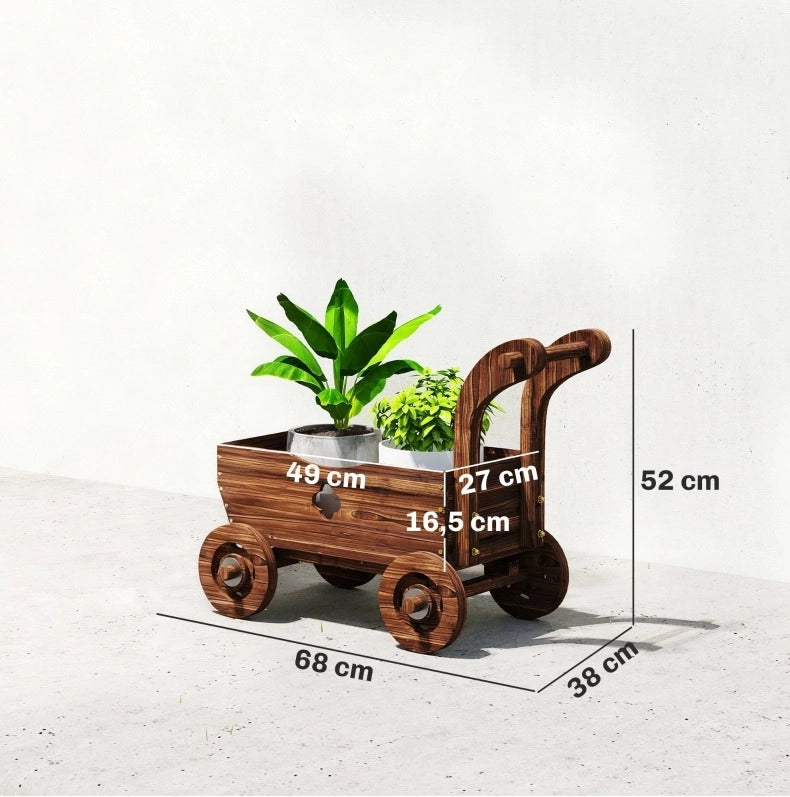 Lettino da giardino in legno di abete carbonizzato con ruote, 68 x 38 x 52 cm, design a carretto vintage