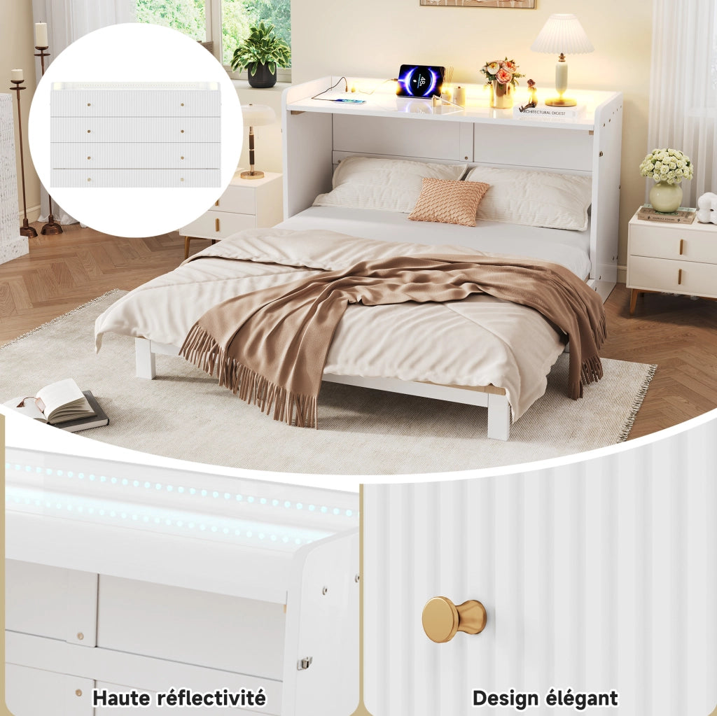 Letto a scomparsa bianco 140x200 cm con cassetti, LED, USB e presa, piano in laccato lucido, trasformabile