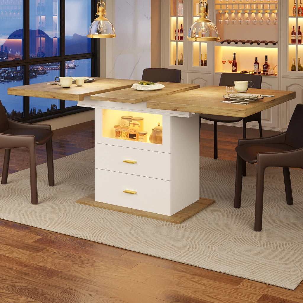 Tavolo da pranzo allungabile con LED controllabile via app e vano contenitore in MDF bianco