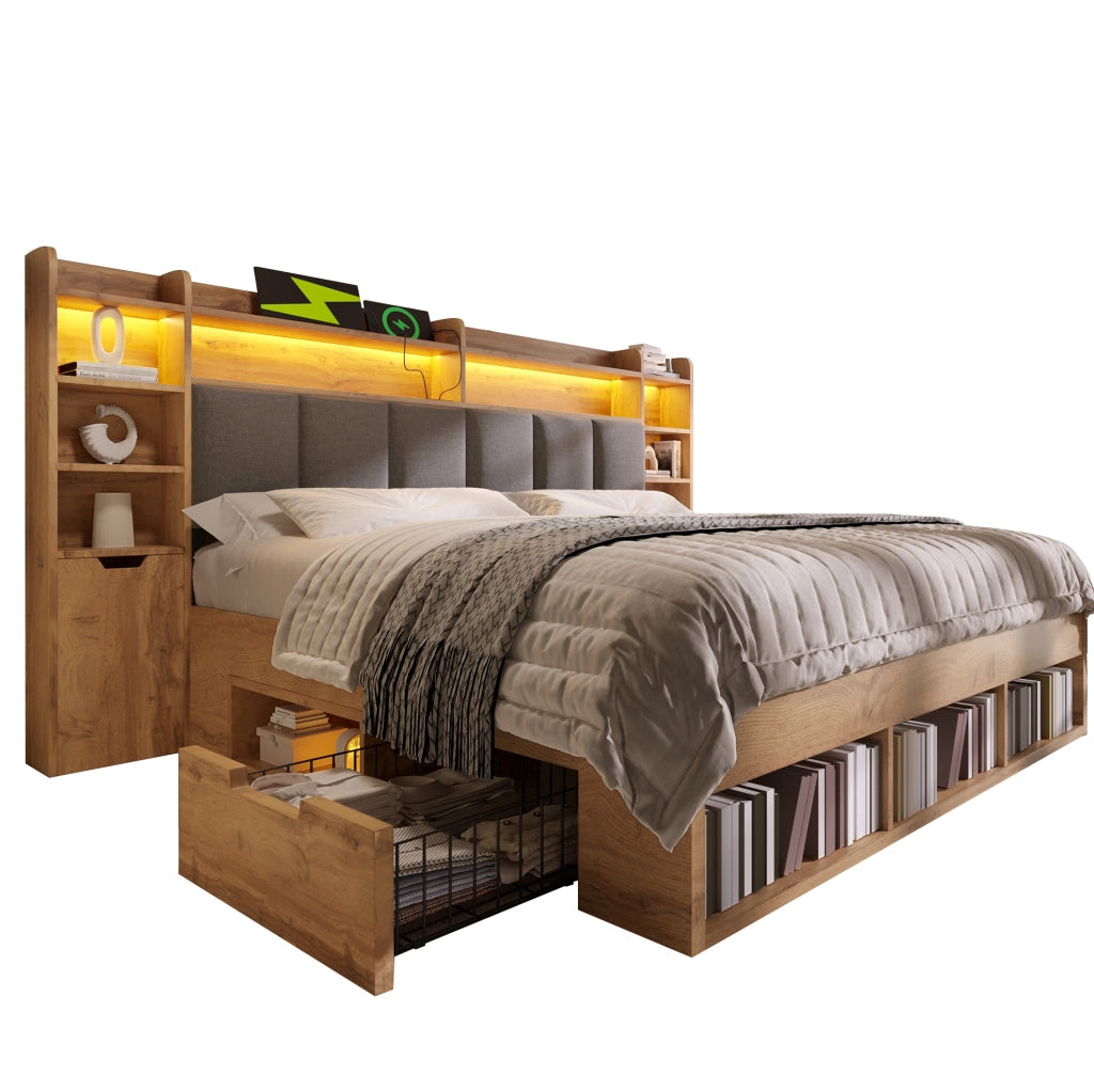 Letto 180x200 cm con LED, USB e cassetti in MDF e metallo color rovere