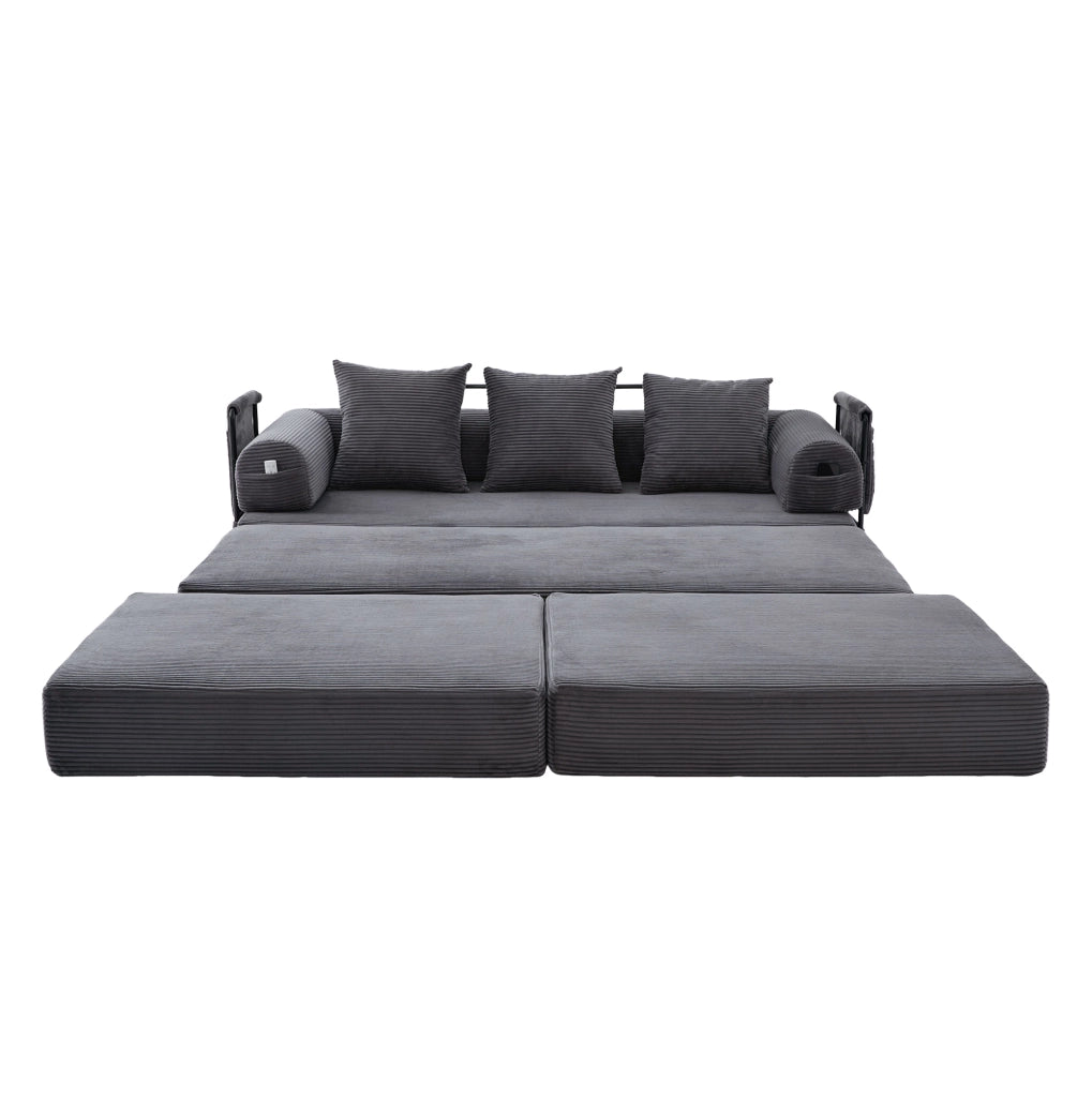 Divano modulare in velluto a coste con pouf grigio scuro