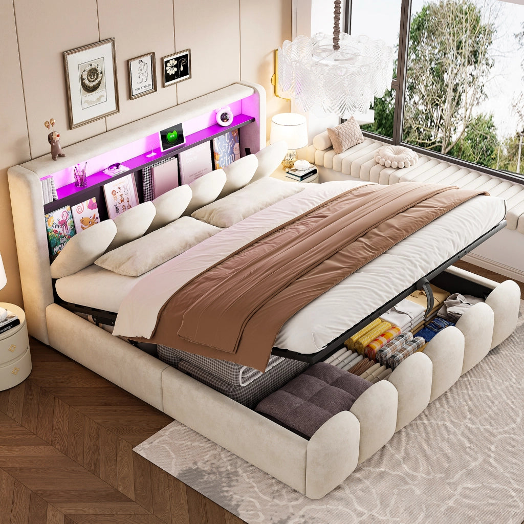 Letto contenitore 180x200 cm; matrimoniale con contenitore idraulico; testiera contenitore; LED; USB e Type-C; velluto; beige