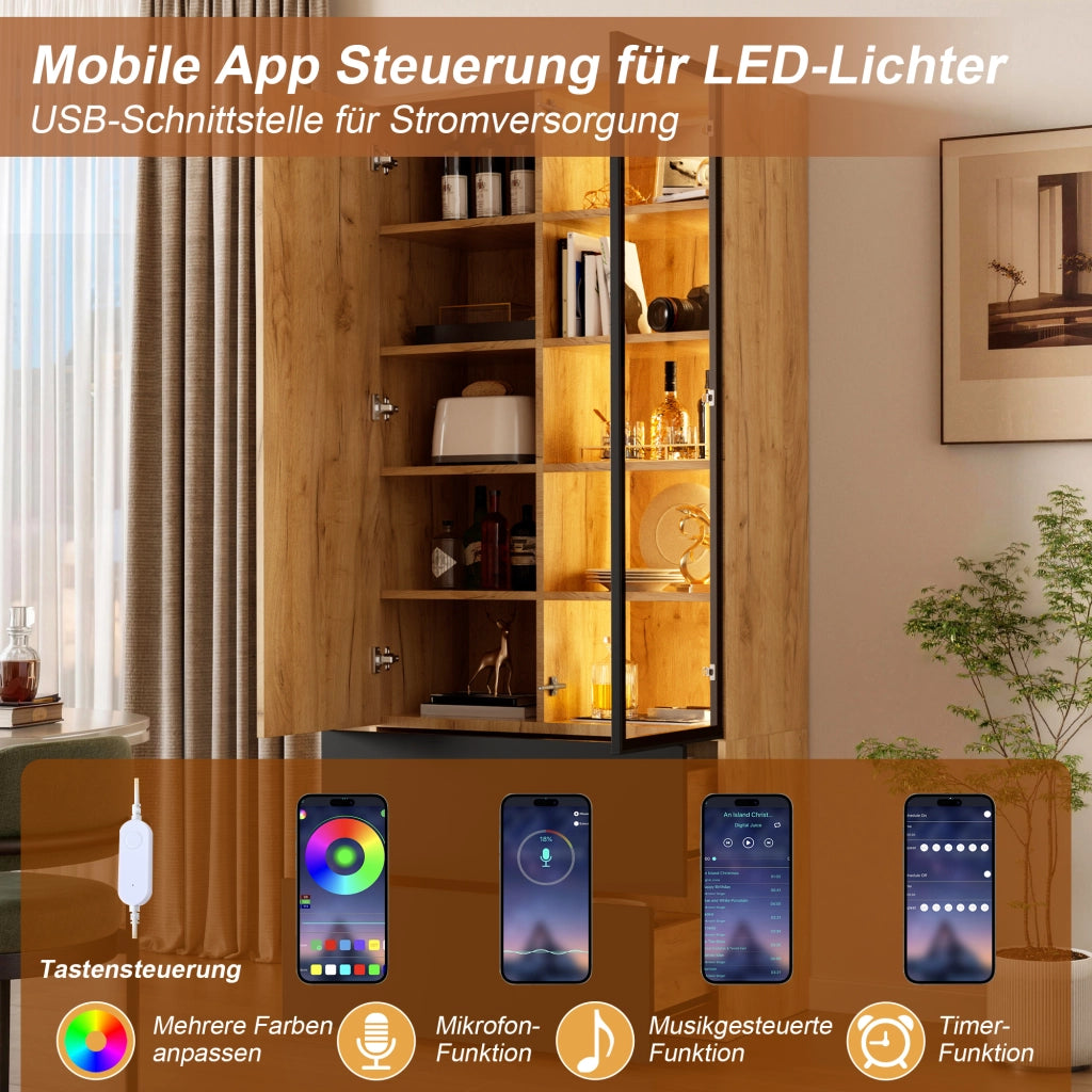Desviae Vetrina con LED 2 ante 2 cassetti 6 ripiani regolabili in truciolare e vetro nero naturale 70 × 35 × 160 cm