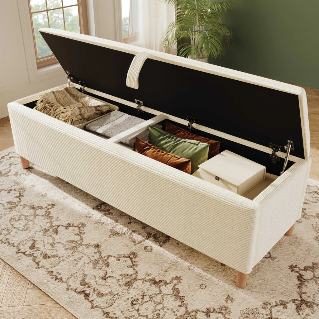 Panca contenitore 175x38x46 cm con apertura idraulica; velluto a coste beige