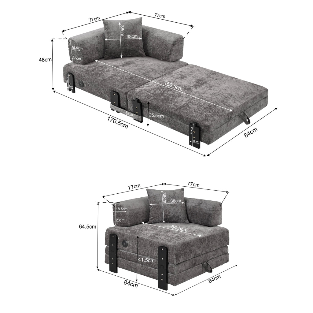 Divano letto pieghevole ULEVR 2 in 1 con porte USB e Type-C, vano contenitore e tasche laterali, grigio scuro