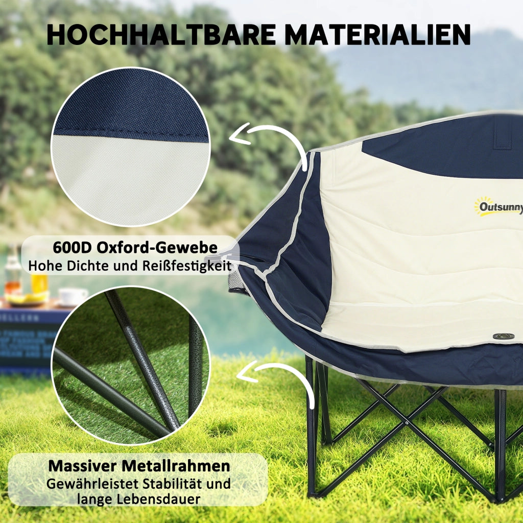 Sedia da Campeggio Pieghevole 2 Posti con Portabicchieri e Borsa di Trasporto Telaio in Metallo Carico Max 250 kg Blu per Giardino e Outdoor