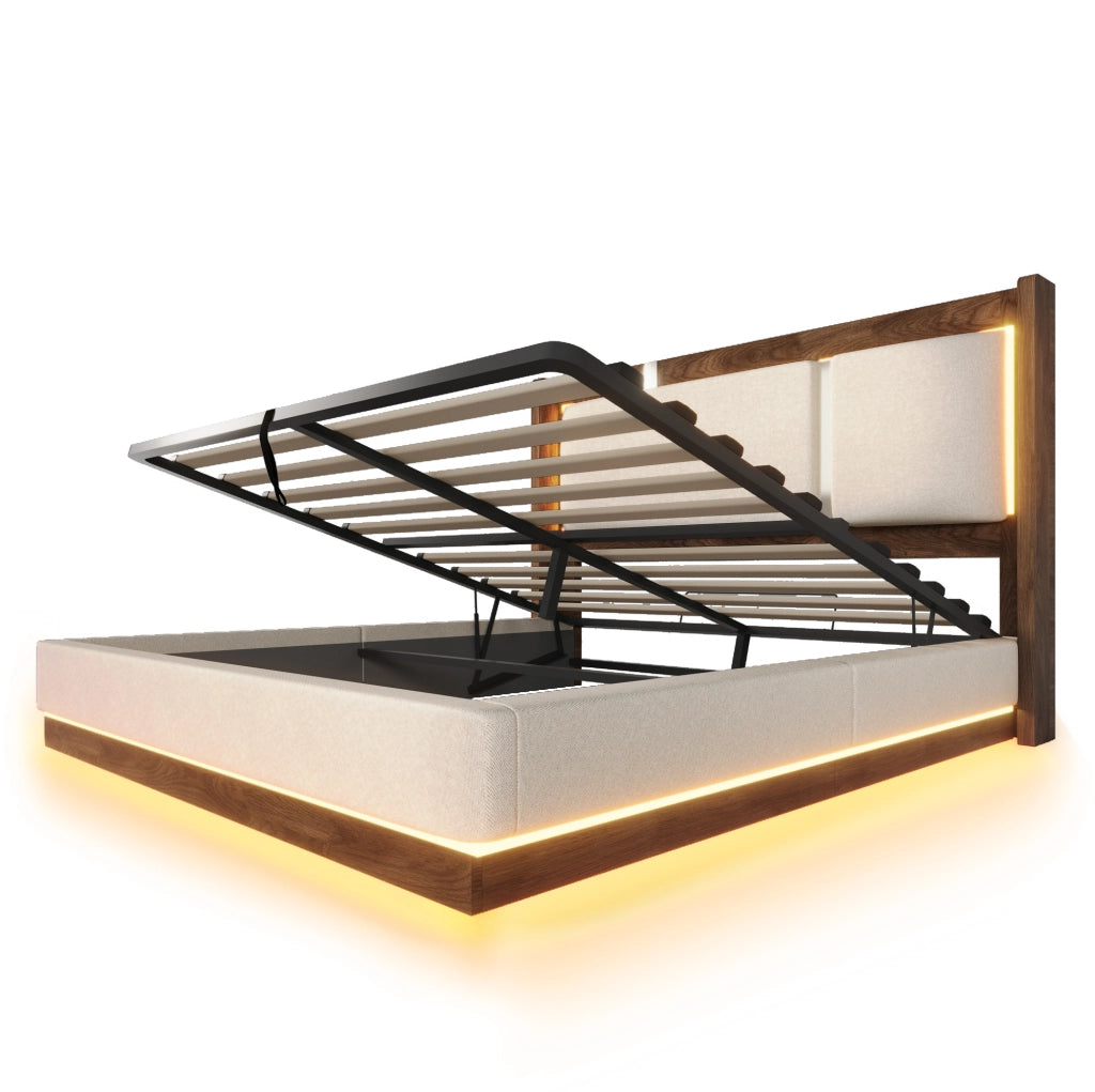 Letto imbottito 140x200 cm con LED e contenitore idraulico in lino, beige e noce