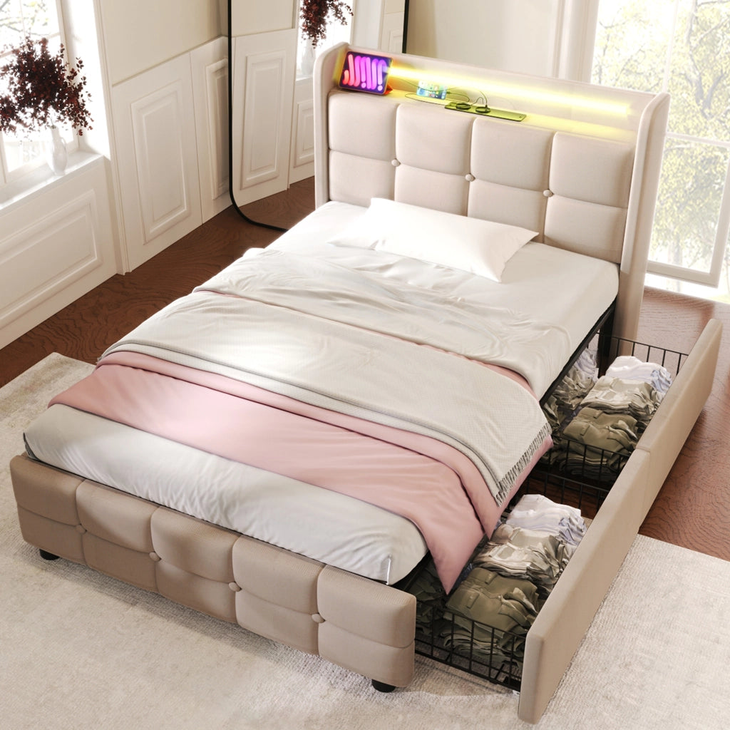 letto imbottito legno beige 90 x 200 cm