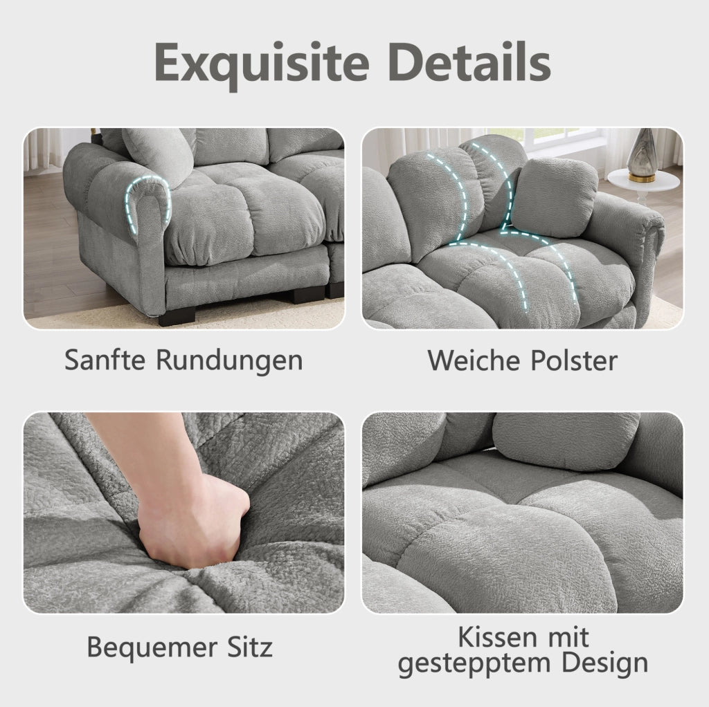 Divano modulare in chenille grigio chiaro 330x86x90 cm con cuscini imbottiti e schienale ergonomico