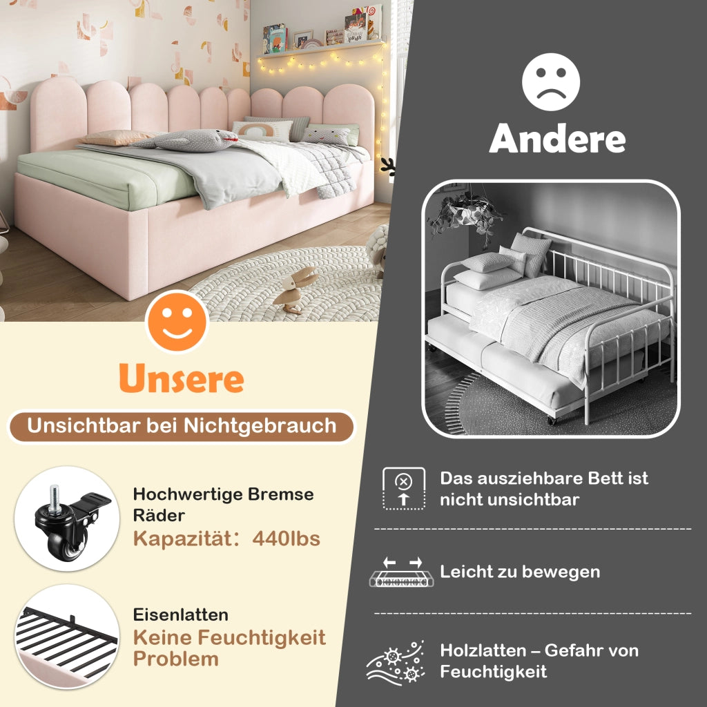 Letto singolo imbottito con letto estraibile 90 × 200 cm in velluto rosa con rete a doghe e schienale