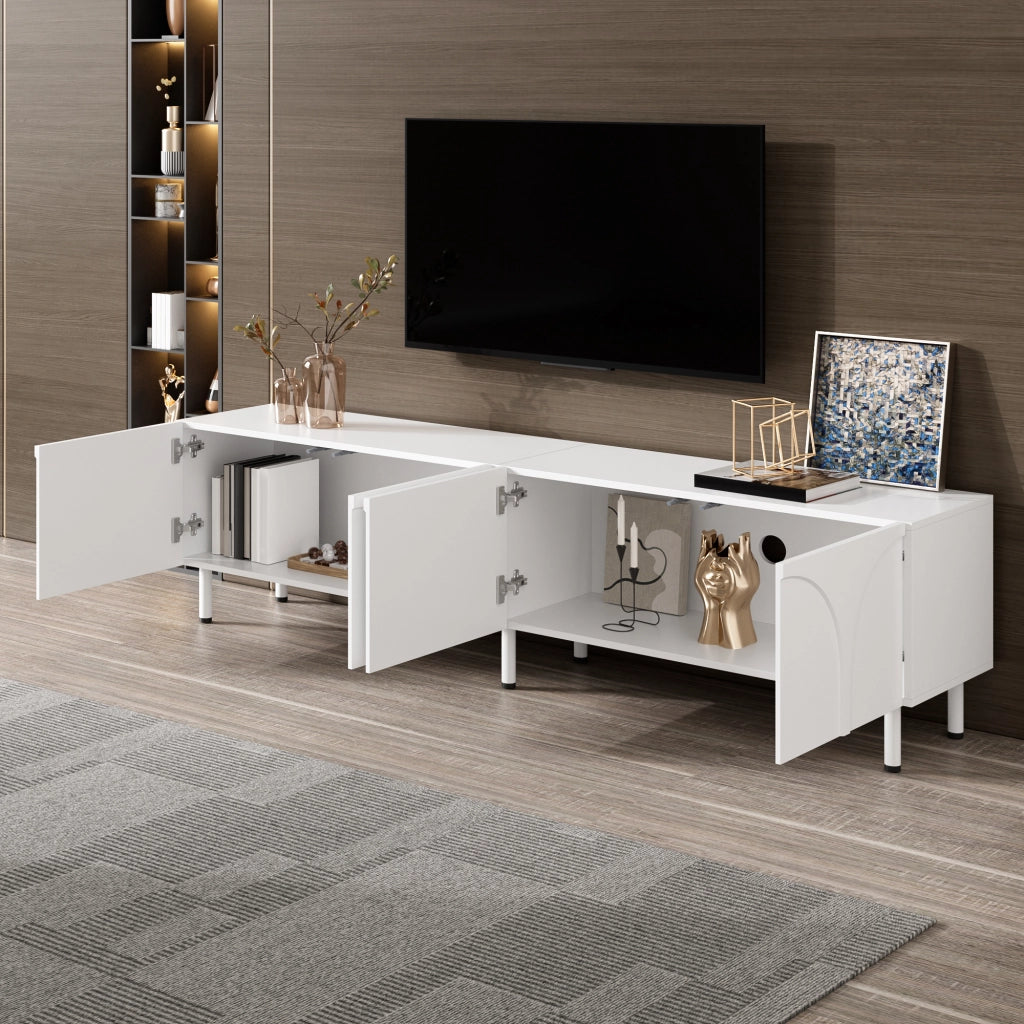 Mobile TV a quattro ante con linee curve tridimensionali in MDF e pannello truciolare bianco 180 × 35 × 49 cm