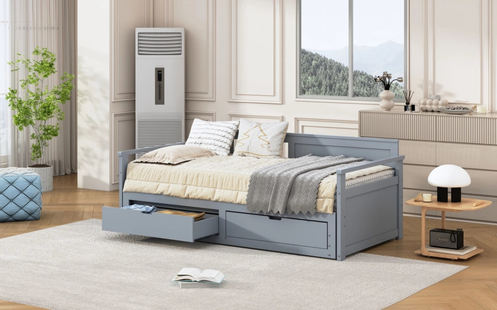 Letto Daybed Multifunzionale 90/180 x 190 cm in Pino con Cassetti e Letto Estraibile Grigio