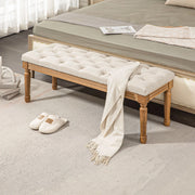 Panca da letto imbottita con bottoni e gambe in legno, stile francese, in poliestere bianco crema, 120 × 41 × 48 cm