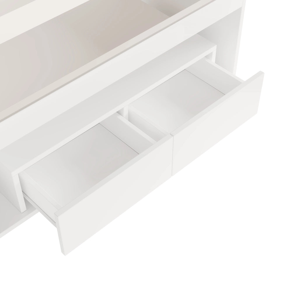 Tavolino da caffè moderno 100x50x40 cm bianco lucido con piano in vetro temperato, 2 ampi cassetti e illuminazione LED controllabile via app