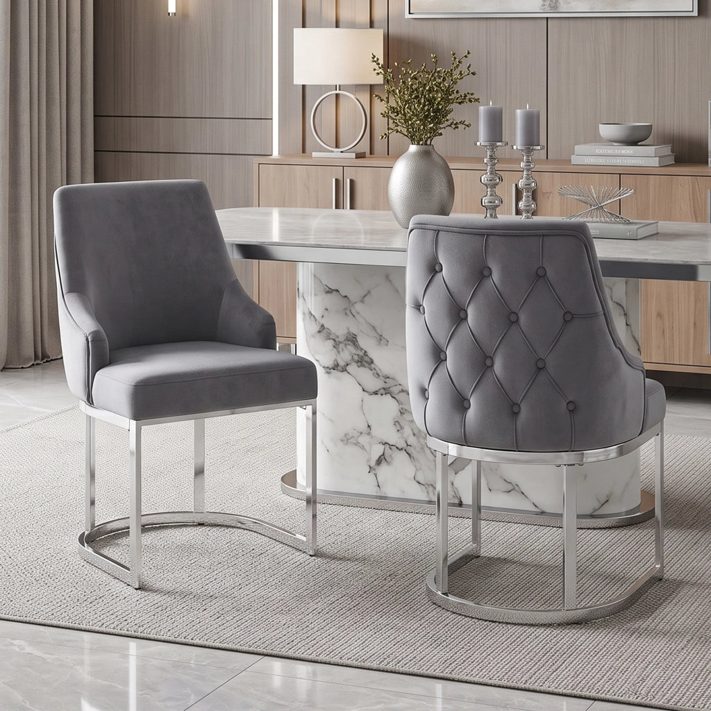 Sedie da sala da pranzo set di 2 con schienale trapuntato e gambe metalliche, in velluto grigio e argento
