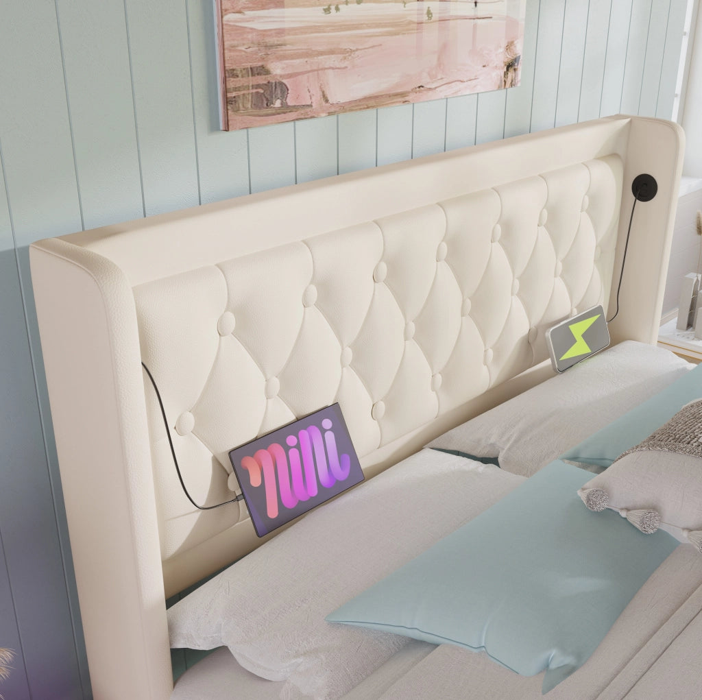 Letto matrimoniale imbottito 140x200 cm bianco in PU con contenitore idraulico, testiera con ricarica USB Tipo-C e illuminazione LED a 3 lati (senza materasso)