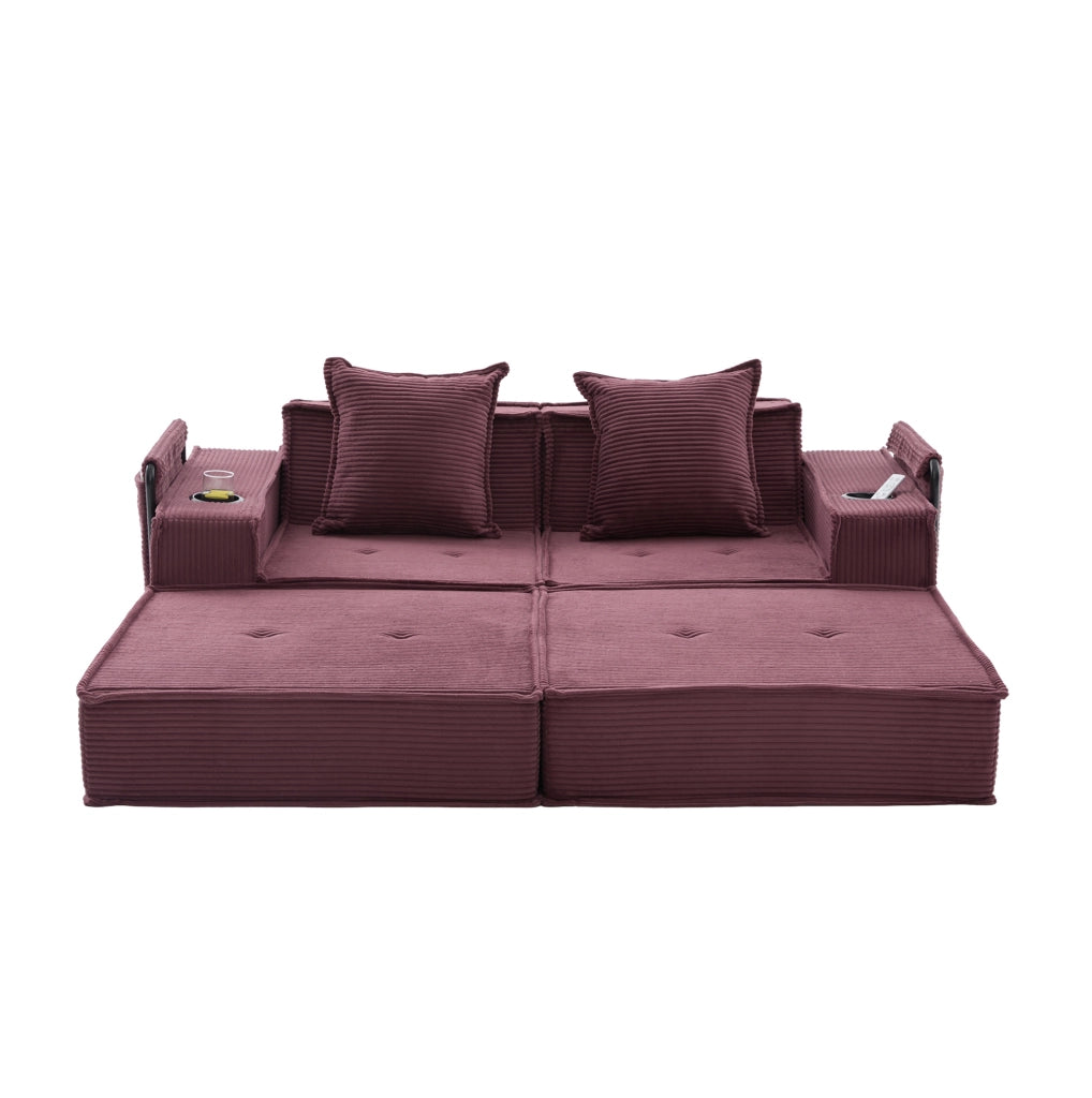 Divano Letto Doppio Moderno in Tessuto con Pouf Contenitore e Due Cuscini, 162x78x66 cm
