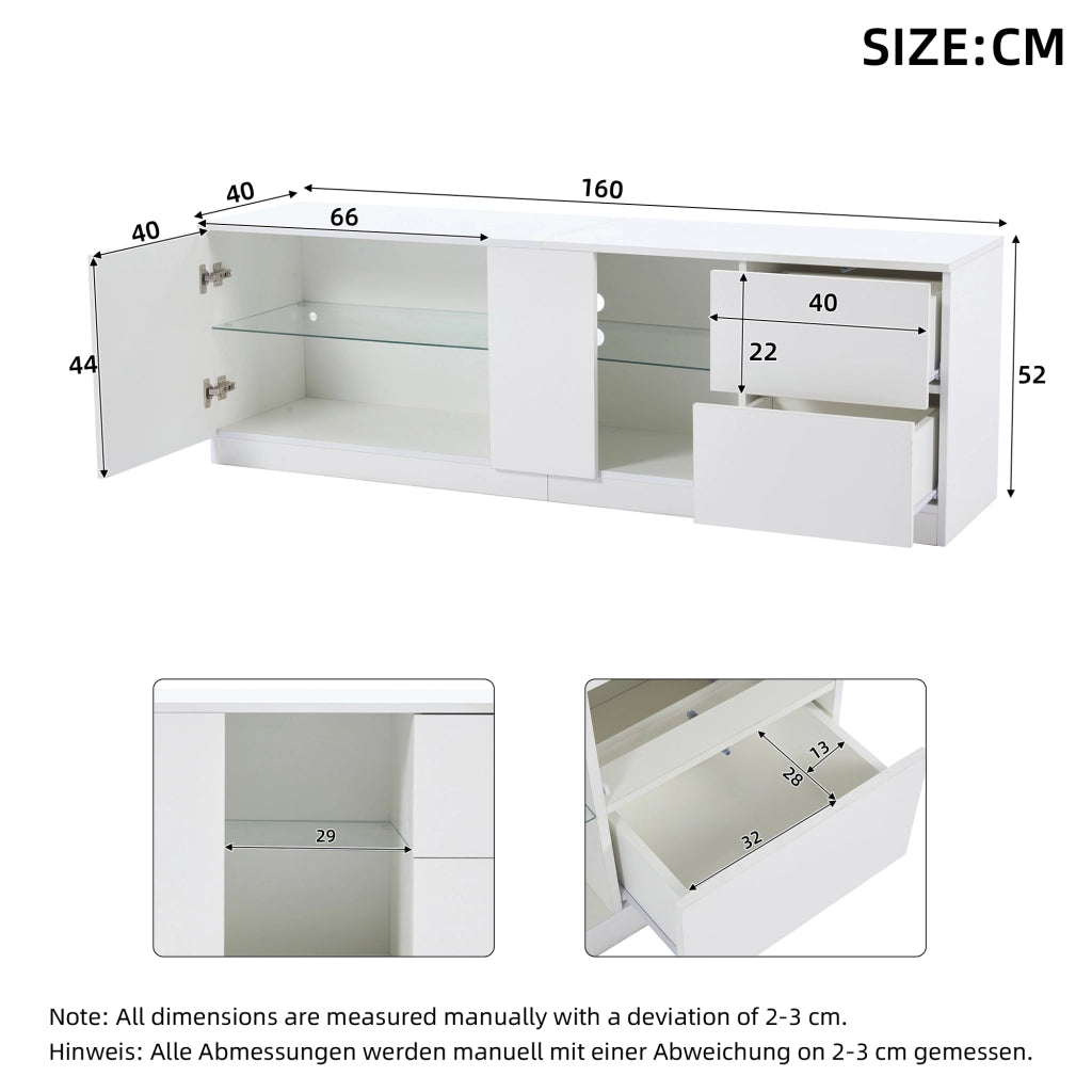 Mobile TV 160 x 40 x 52 cm, 2 cassetti + 1 ribalta, vetro temperato, LED USB, bianco, per TV 65"