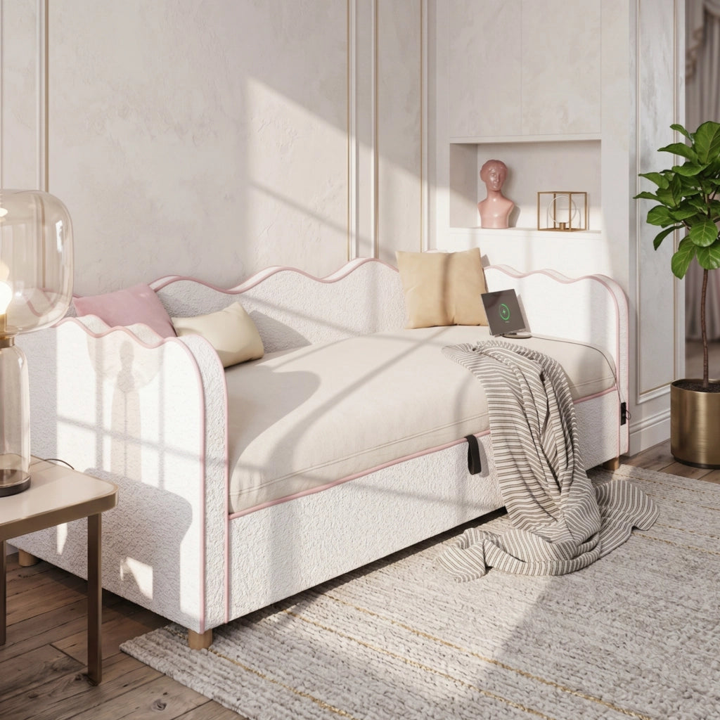 Daybed in bouclé con contenitore idraulico e USB, 90x200 cm, beige